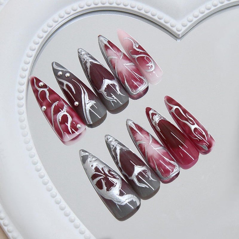 OSTTMA 24Pcs Gothic Press on Nails Long Stiletto Fake Nails Punk Metal False Nail Irregular Lines Y2k Metallic Heart Nails Tips Black Silver Red Gradient Full Cover Glue Stick on Nails for Women - Image 3